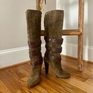 NINE WEST Izettr Knee High Brown Tan Suede Wrap Around Heeled Buckled Boots 8.5
